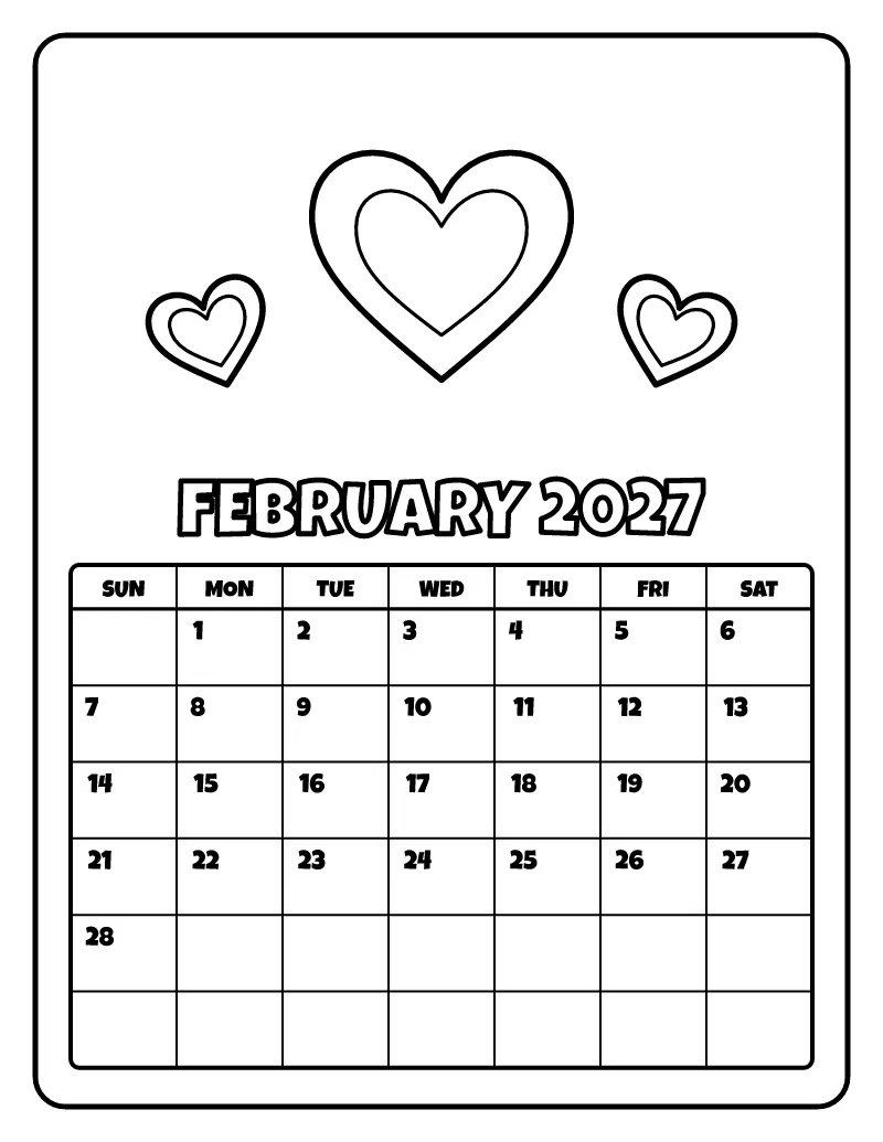 February 2027 Calendar coloring page – printable black and white line art