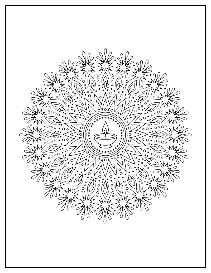 Fireworks Diwali Mandala coloring page – printable black and white line art
