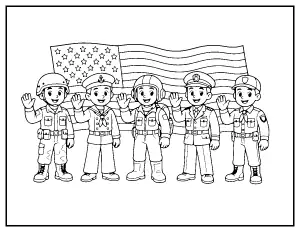 Five Service Members Waving a Flag coloring page – printable line art
