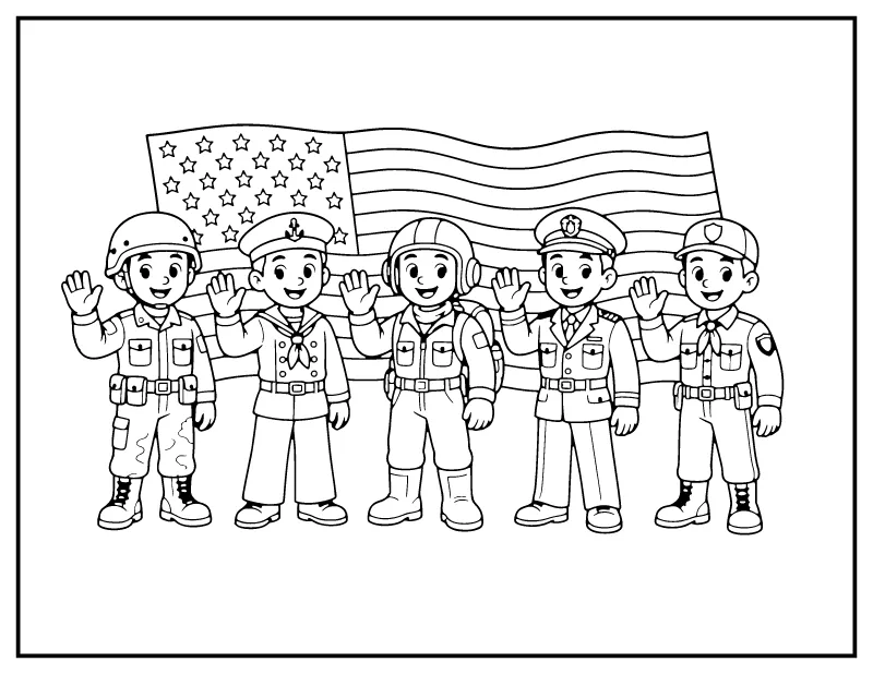 Five Service Members Waving a Flag coloring page – printable black and white line art