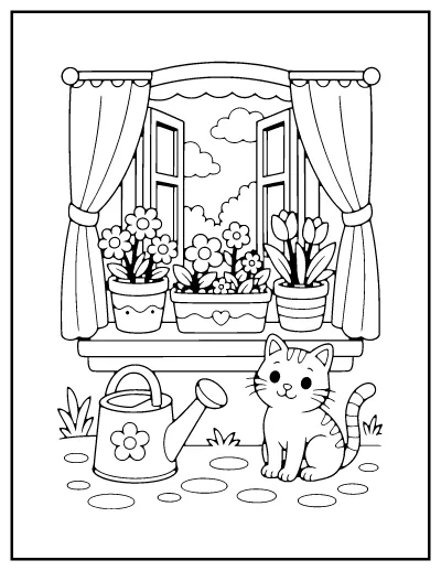 Flower Pot on the Windowsill coloring page – printable line art