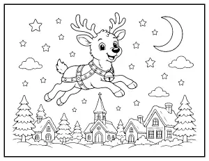 Flying Reindeer over a Snowy Village coloring page – printable line art