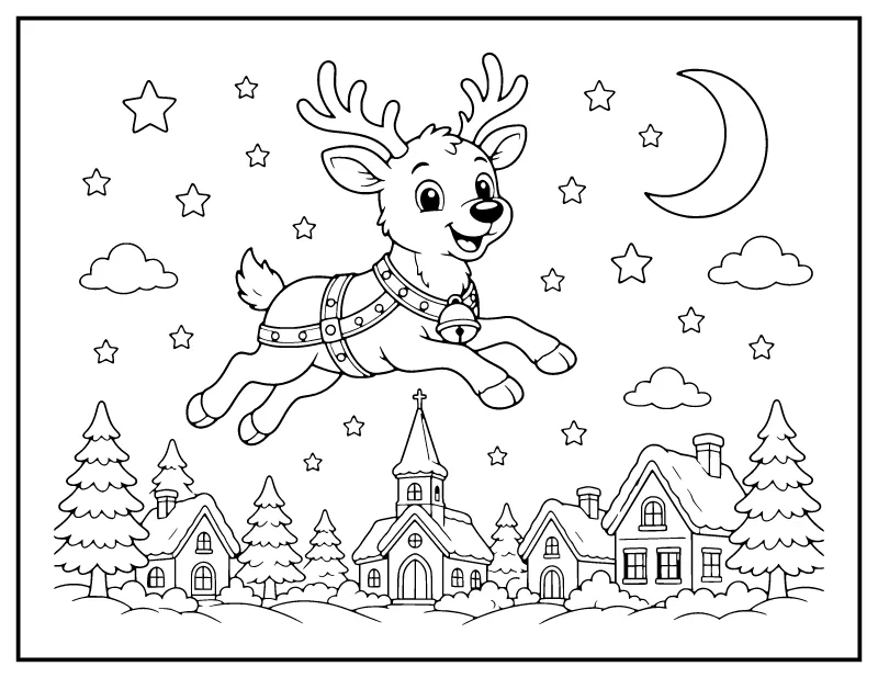 Flying Reindeer over a Snowy Village coloring page – printable black and white line art