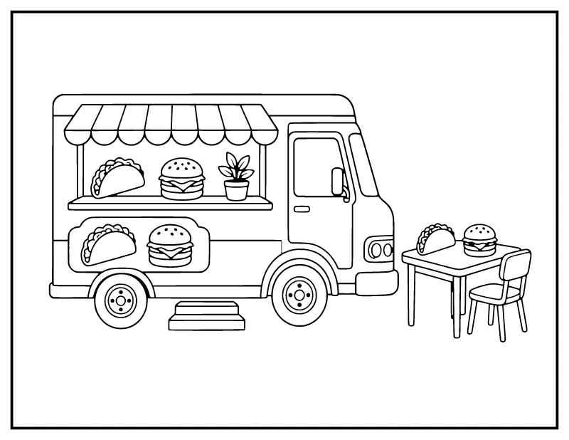Food Truck coloring page – printable black and white line art
