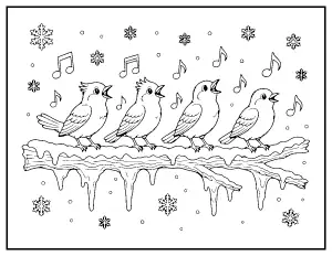Four Calling Birds coloring page – printable line art