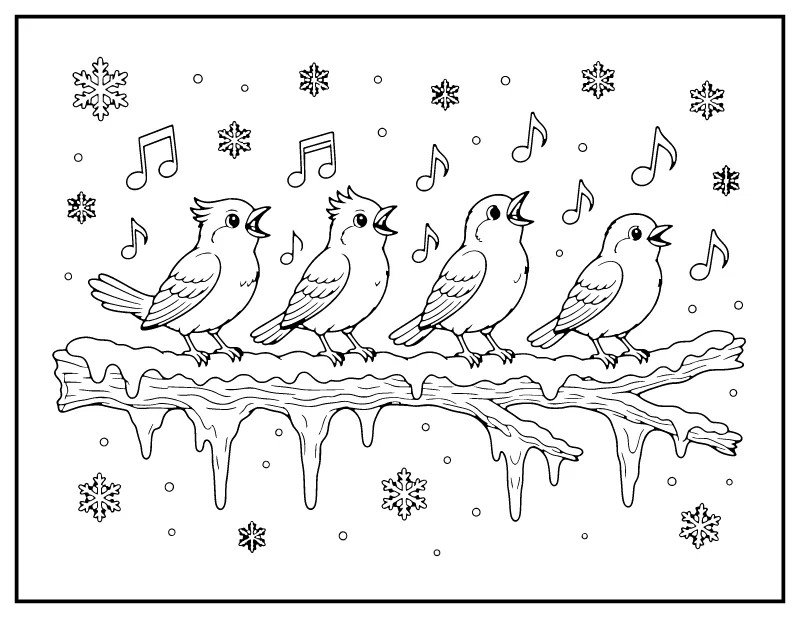 Four Calling Birds coloring page – printable black and white line art
