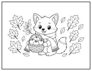 Fox in a Scarf with an Apple Basket coloring page – printable line art