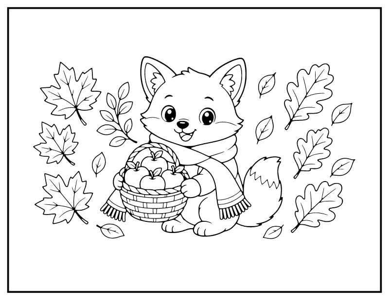 Fox in a Scarf with an Apple Basket coloring page – printable black and white line art