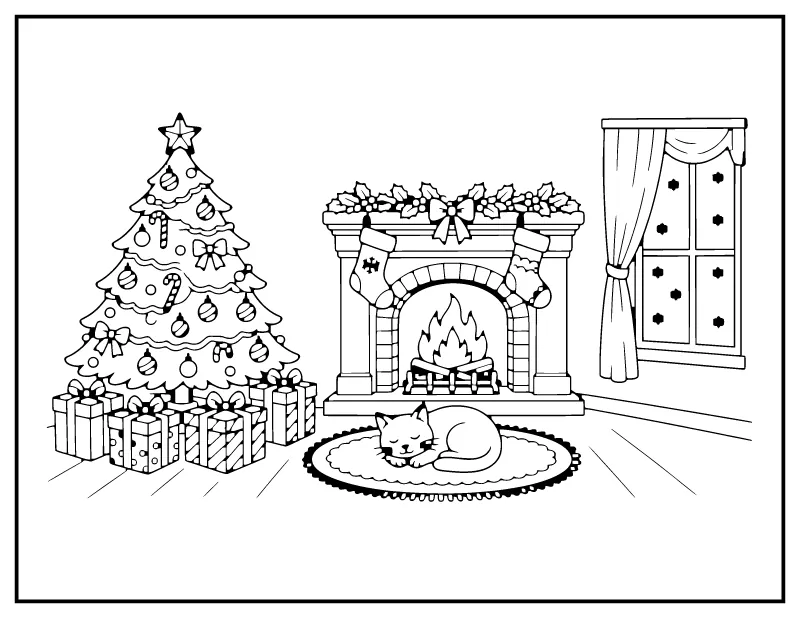 Free Printable Christmas Scene coloring page – printable black and white line art
