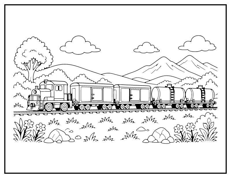Freight Train coloring page – printable black and white line art