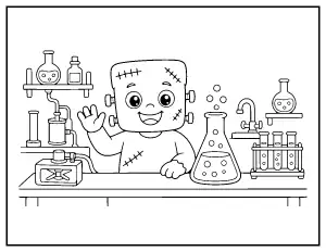 Friendly Stitched Monster in the Lab coloring page – printable line art
