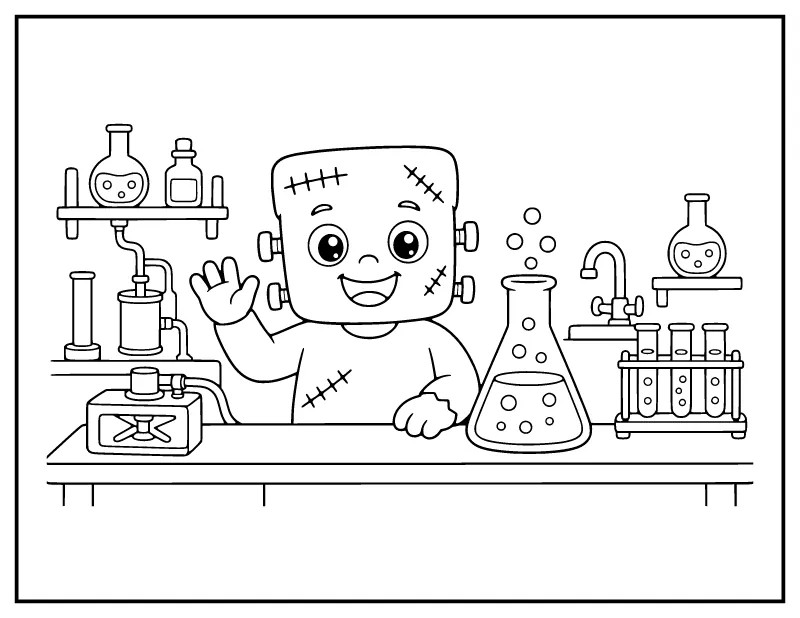 Friendly Stitched Monster in the Lab coloring page – printable black and white line art