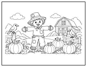 Friendly Scarecrow in the Pumpkin Field coloring page – printable line art