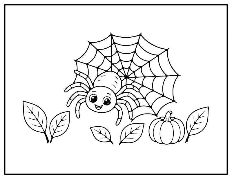 Friendly Spider in a Web coloring page – printable black and white line art