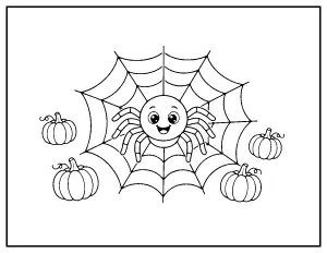 Friendly Spider on a Web with Pumpkins coloring page – printable line art
