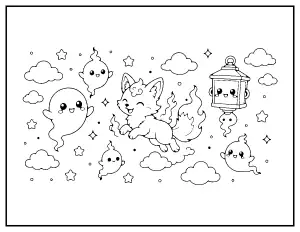 Friendly Spirits and Lanterns coloring page – printable line art