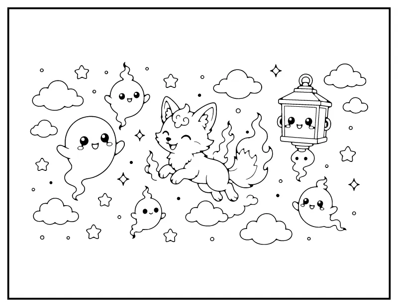 Friendly Spirits and Lanterns coloring page – printable black and white line art