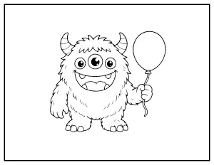Friendly Three-Eyed Monster with a Balloon coloring page – printable line art