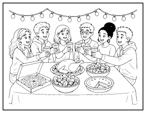 Friendsgiving Potluck Dinner coloring page – printable line art