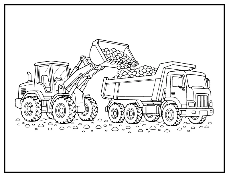 Front Loader Scooping Gravel coloring page – printable black and white line art