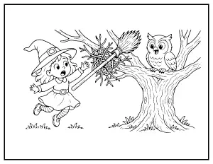 Funny Witch with Her Broom Stuck in a Tree coloring page – printable line art