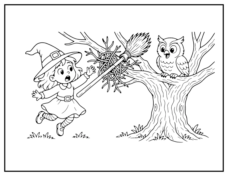 Funny Witch with Her Broom Stuck in a Tree coloring page – printable black and white line art