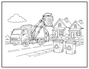 Garbage Truck with Bins coloring page – printable line art