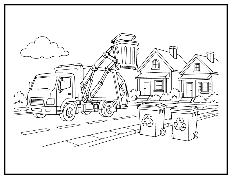 Garbage Truck with Bins coloring page – printable black and white line art
