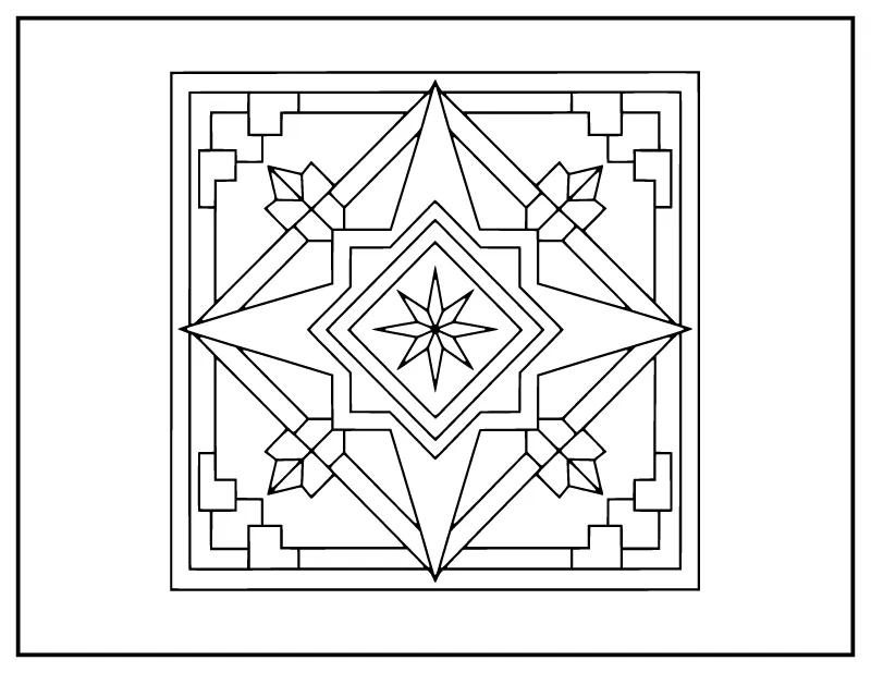 Geometric Rangoli coloring page – printable black and white line art
