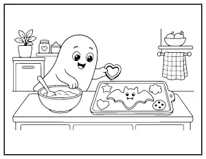 Ghost Baking Halloween Cookies coloring page – printable line art