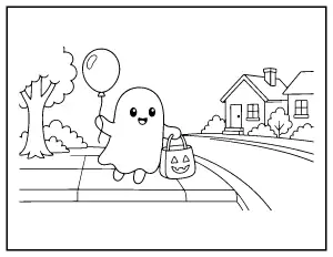 Ghost with a Balloon Going Trick-or-Treating coloring page – printable line art