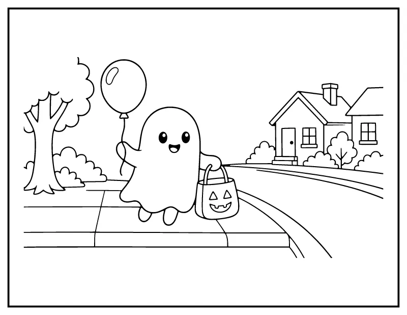 Ghost with a Balloon Going Trick-or-Treating coloring page – printable black and white line art