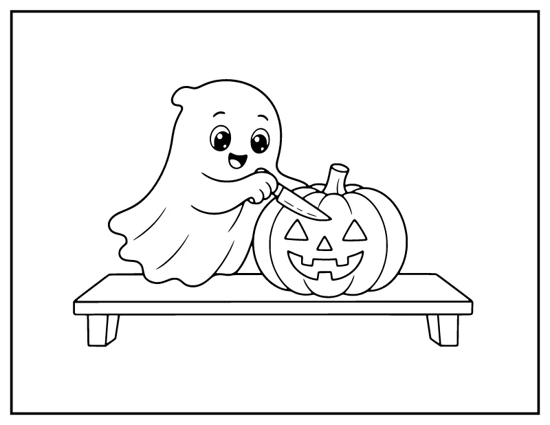Ghost Carving a Pumpkin coloring page – printable black and white line art