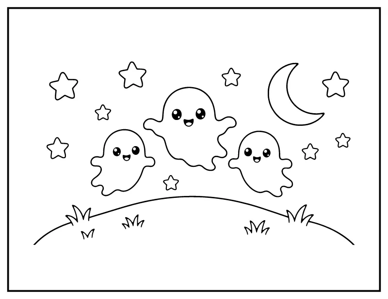 Ghost Family on a Hill coloring page – printable black and white line art