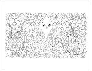 Floral Zentangle Ghost with Pumpkins coloring page – printable line art