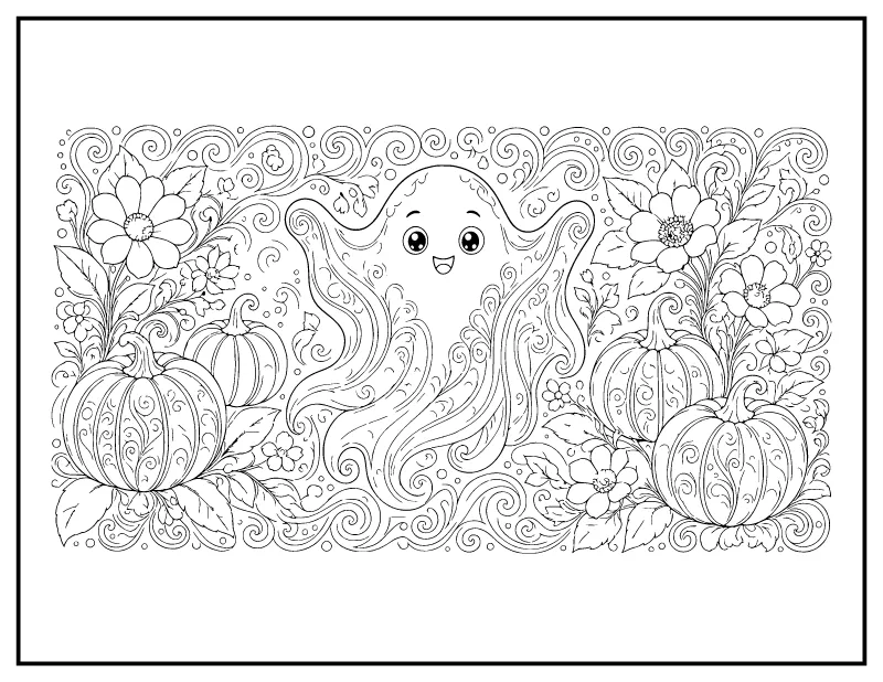 Floral Zentangle Ghost with Pumpkins coloring page – printable black and white line art