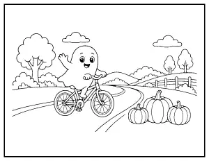 Ghost Riding a Bicycle coloring page – printable line art