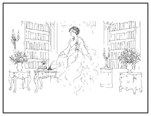 Victorian Ghost in the Old Library coloring page – printable line art
