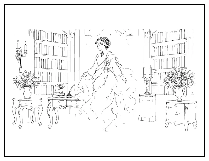 Victorian Ghost in the Old Library coloring page – printable black and white line art