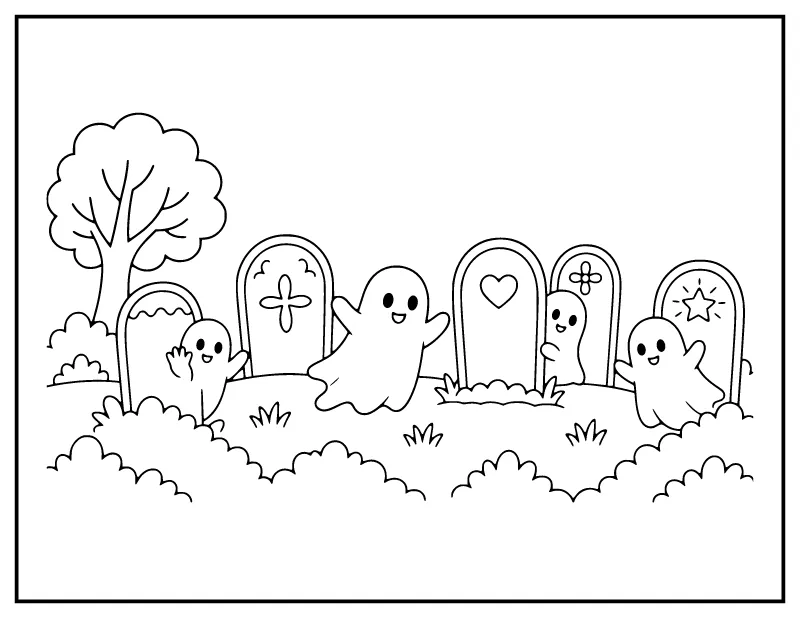 Ghosts Playing Hide-and-Seek coloring page – printable black and white line art