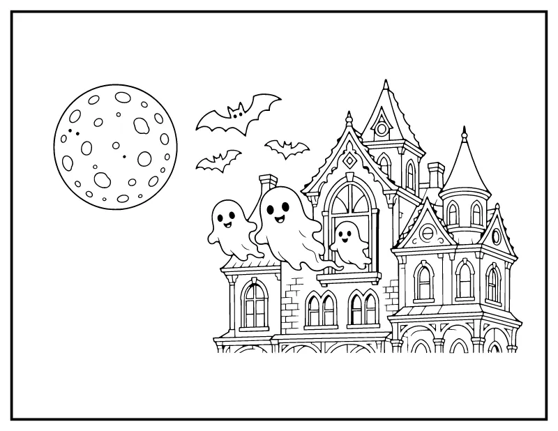 Ghosts at the Haunted Mansion coloring page – printable black and white line art