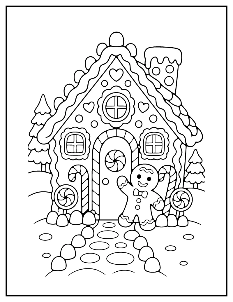 Gingerbread House coloring page – printable black and white line art