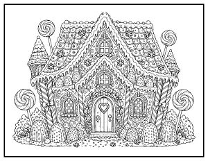 Detailed Gingerbread House for Adults coloring page – printable line art