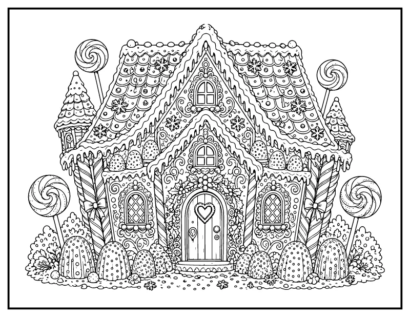 Detailed Gingerbread House for Adults coloring page – printable black and white line art