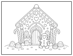 Gingerbread House with Candy coloring page – printable line art