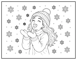 Girl Catching Snowflakes coloring page – printable line art