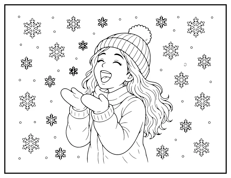 Girl Catching Snowflakes coloring page – printable black and white line art