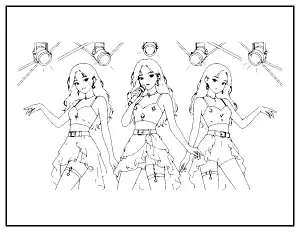 Girl Group Trio on Stage coloring page – printable line art