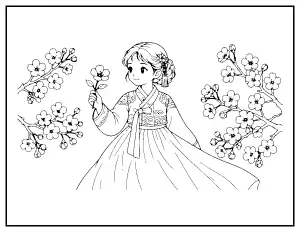 Girl in Hanbok coloring page – printable line art