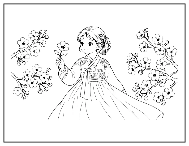 Girl in Hanbok coloring page – printable black and white line art